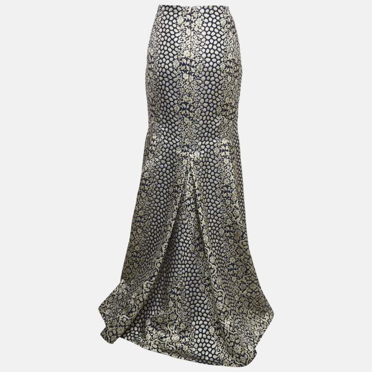 Pre Owned CH Carolina Herrera Navy Blue Jacquard Maxi Skirt M
