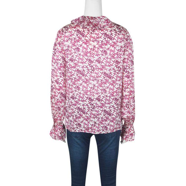 Pre Owned CH Carolina Herrera White and Pink Printed Silk Long Sleeve Blouse M