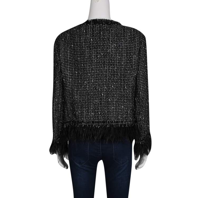 Pre Owned CH Carolina Herrera Monochrome Textured Fringed Ostrich Feather Trim Jacket L