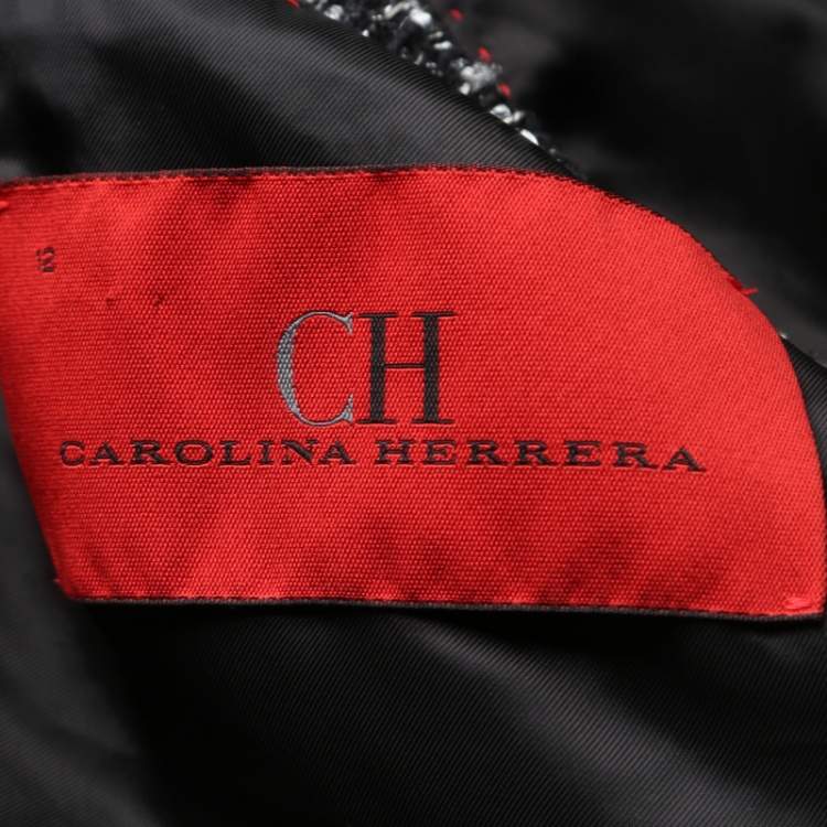 Pre Owned CH Carolina Herrera Monochrome Textured Fringed Ostrich Feather Trim Jacket L