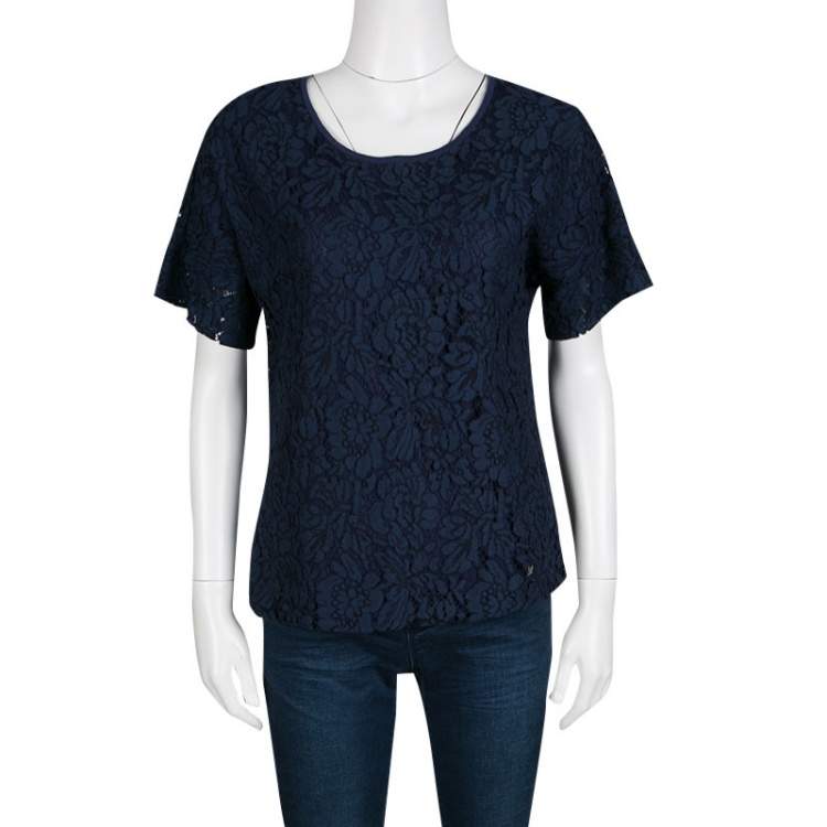 Pre Owned CH Carolina Herrera Navy Blue Floral Lace Overlay Short Sleeve Top S