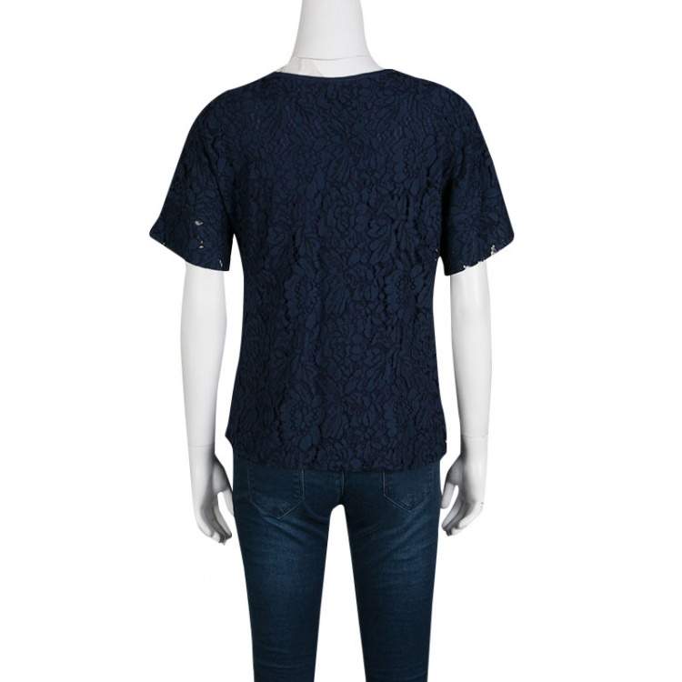 Pre Owned CH Carolina Herrera Navy Blue Floral Lace Overlay Short Sleeve Top S