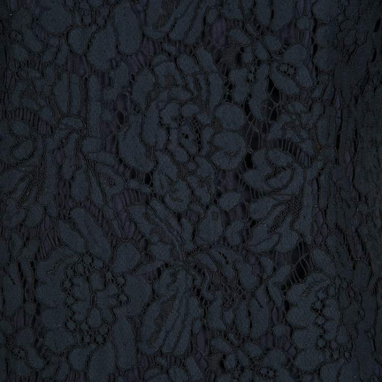 Pre Owned CH Carolina Herrera Navy Blue Floral Lace Overlay Short Sleeve Top S