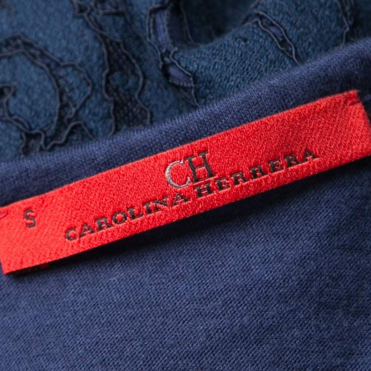 Pre Owned CH Carolina Herrera Navy Blue Floral Lace Overlay Short Sleeve Top S