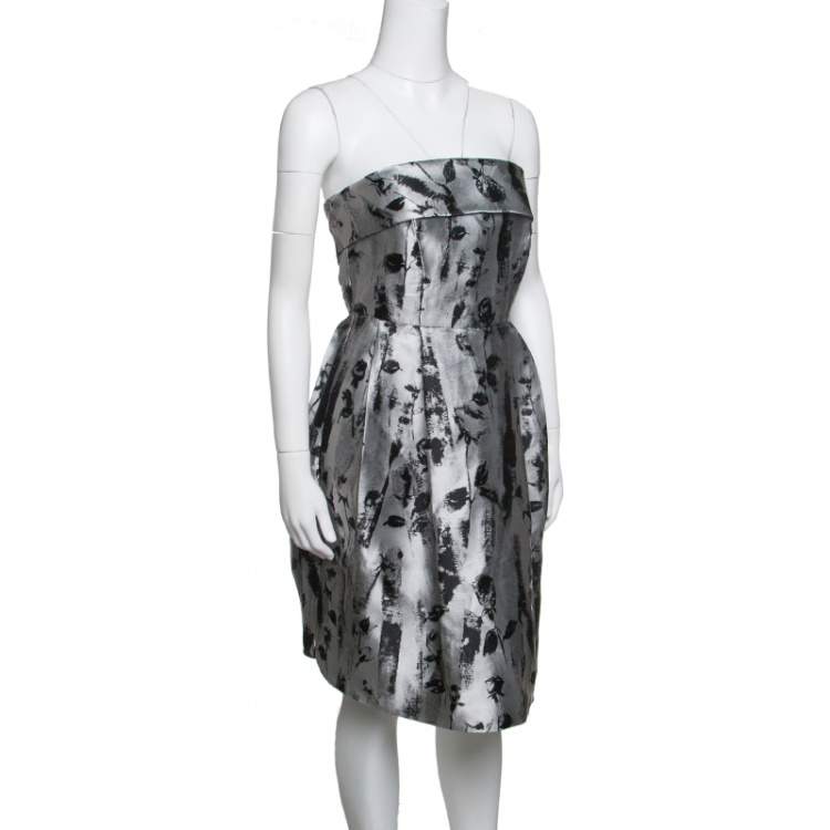 CH Carolina Herrera Silver and Black Floral Jacquard Strapless