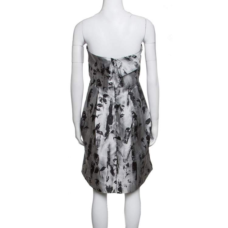 Pre Owned CH Carolina Herrera Silver and Black Floral Jacquard Strapless Dress S