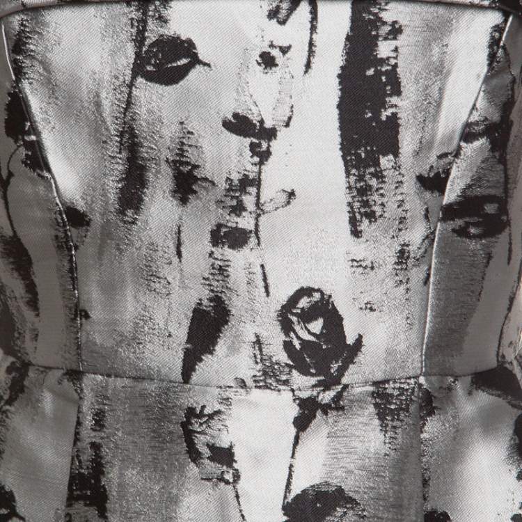 Pre Owned CH Carolina Herrera Silver and Black Floral Jacquard Strapless Dress S