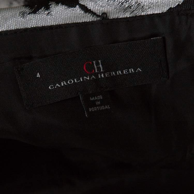 Pre Owned CH Carolina Herrera Silver and Black Floral Jacquard Strapless Dress S