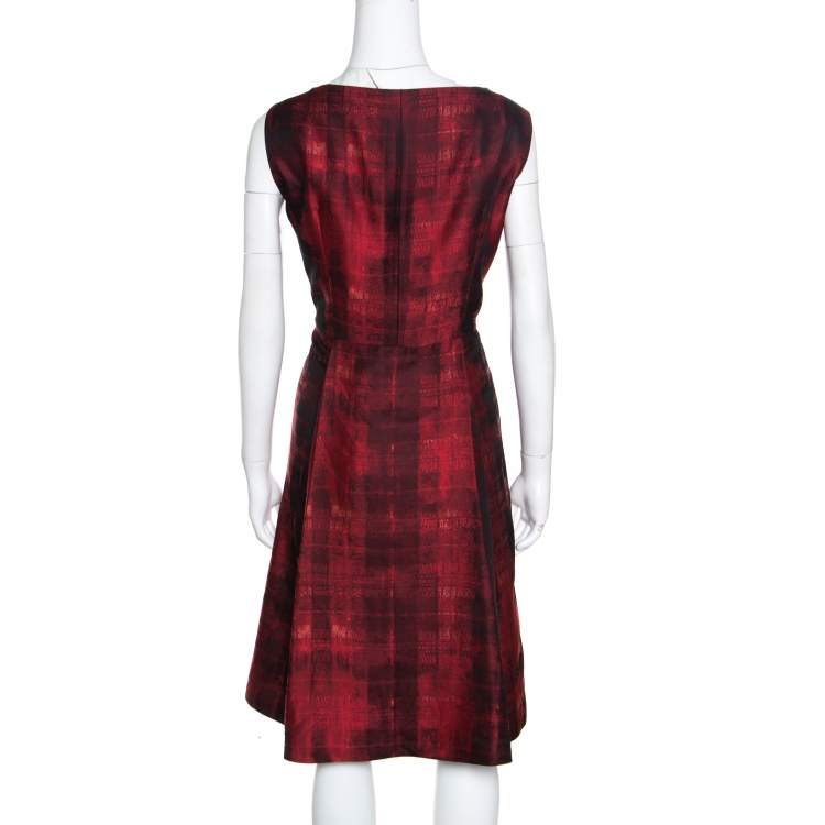 Pre Owned CH Carolina Herrera Red and Black Abstract Pattern Jacquard Sheath Dress L