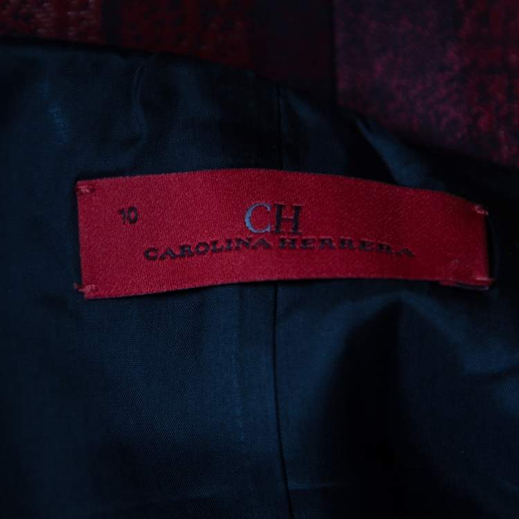 Pre Owned CH Carolina Herrera Red and Black Abstract Pattern Jacquard Sheath Dress L