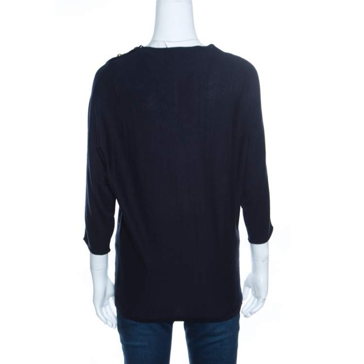 Pre Owned CH Carolina Herrera Navy Blue Knit Gold Button Detail Dolman Sleeve Top XS
