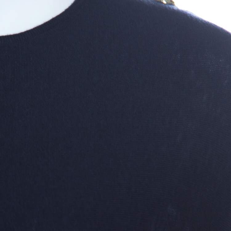 Pre Owned CH Carolina Herrera Navy Blue Knit Gold Button Detail Dolman Sleeve Top XS