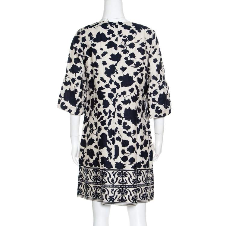 Pre Owned CH Carolina Herrera Blue and Cream Floral Printed Linen Flounce Sleeve Tunic Dress M