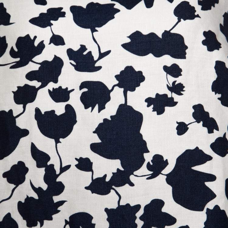Pre Owned CH Carolina Herrera Blue and Cream Floral Printed Linen Flounce Sleeve Tunic Dress M