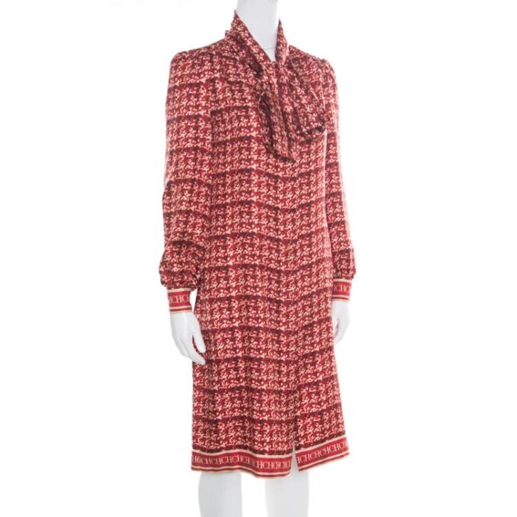 Pre Owned CH Carolina Herrera Red Abstract Printed Silk Button Front Tunic Dress S