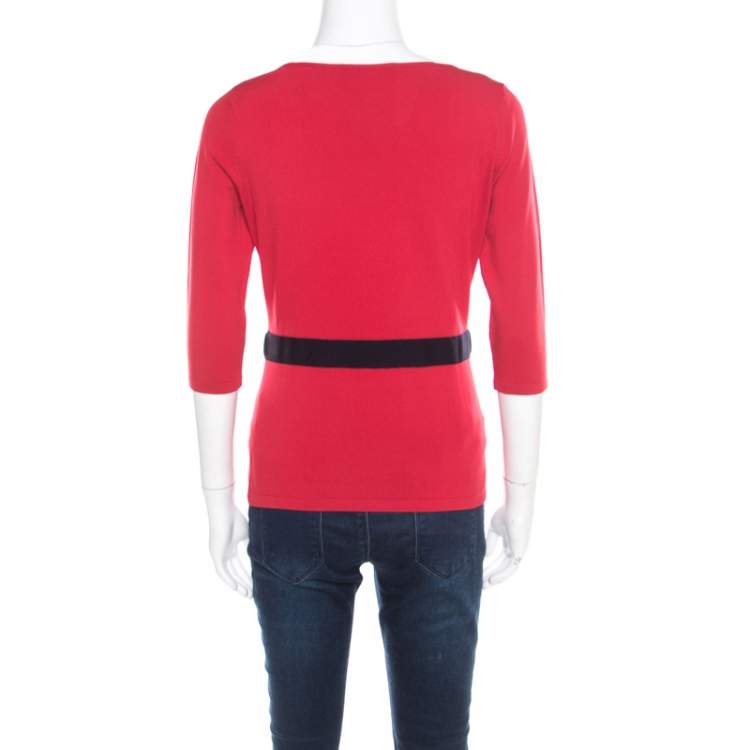 Pre Owned CH Carolina Herrera Red Knit Contrast Waist Bow Detail Long Sleeve Top S