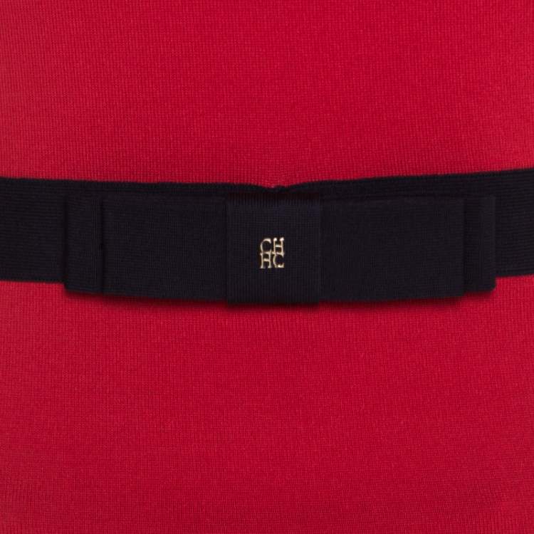 Pre Owned CH Carolina Herrera Red Knit Contrast Waist Bow Detail Long Sleeve Top S
