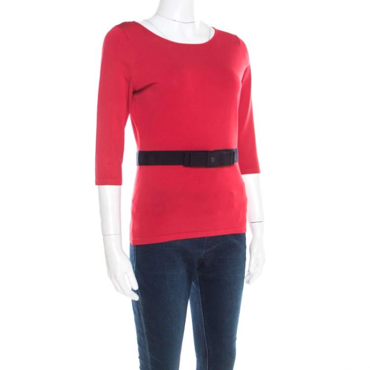Pre Owned CH Carolina Herrera Red Knit Contrast Waist Bow Detail Long Sleeve Top S