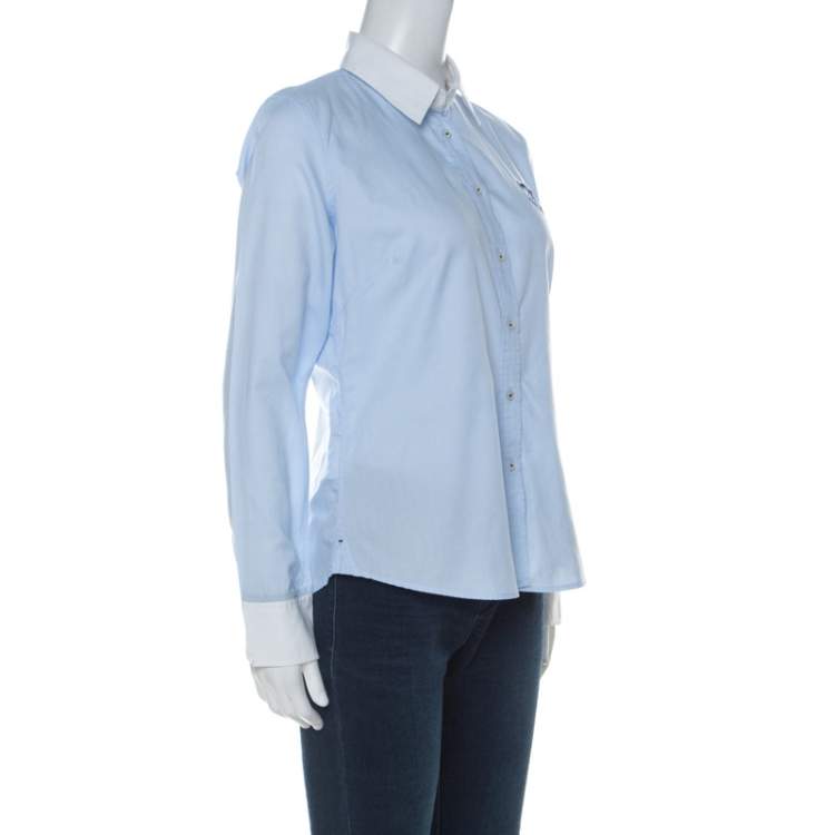 Pre Owned Carolina Herrera Blue Cotton Crest Embroidered Button Front Oxford Shirt M