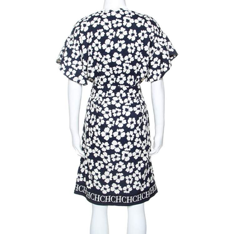 Pre Owned CH Carolina Herrera Navy Blue Floral Print Silk and Linen Blend Dress M