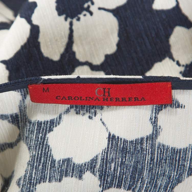Pre Owned CH Carolina Herrera Navy Blue Floral Print Silk and Linen Blend Dress M