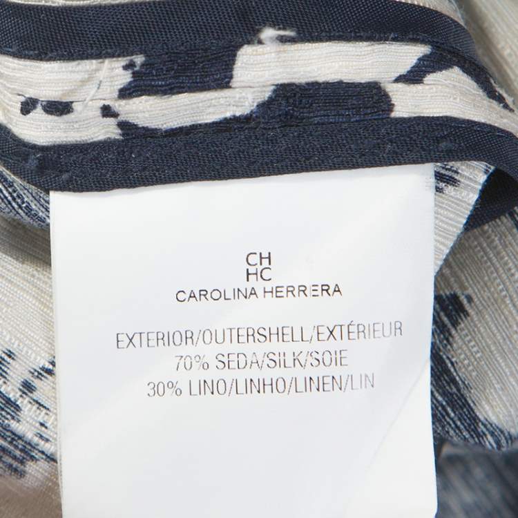 Pre Owned CH Carolina Herrera Navy Blue Floral Print Silk and Linen Blend Dress M