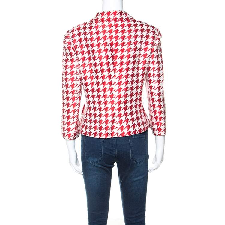 Pre Owned CH Carolina Herrera Red And White Houndstooth Blazer L