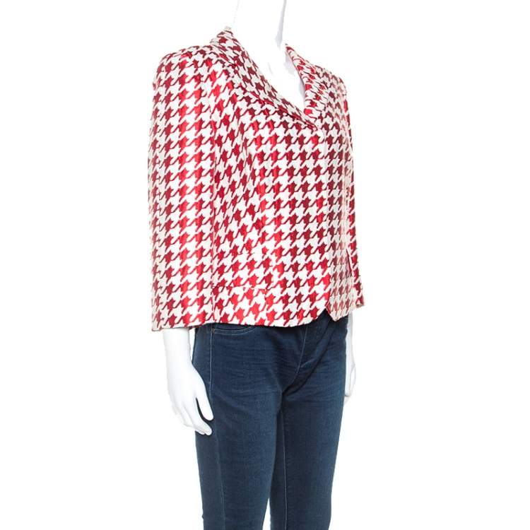 Pre Owned CH Carolina Herrera Red And White Houndstooth Blazer L