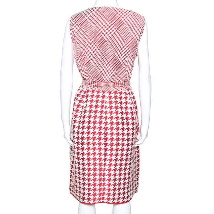 مملوكة مسبقًا CH Carolina Herrera Red & White Houndstooth Dress Woven Belted Dress L