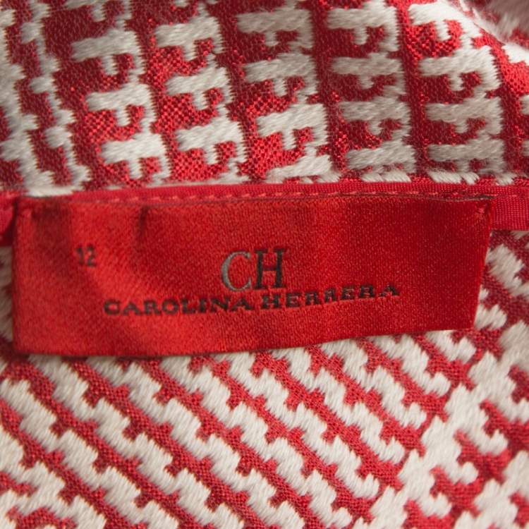 مملوكة مسبقًا CH Carolina Herrera Red & White Houndstooth Dress Woven Belted Dress L