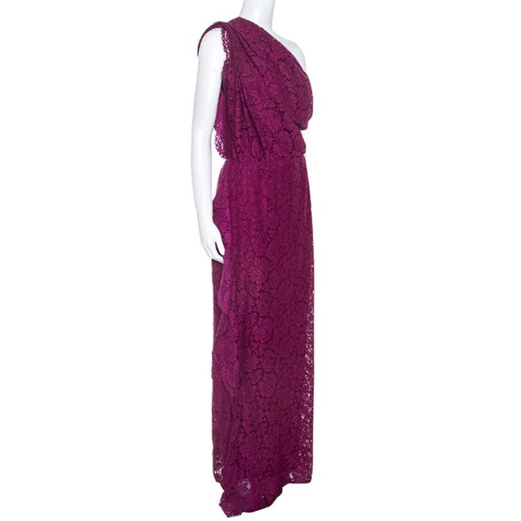 Pre Owned CH Carolina Herrera Magenta Lace Draped Detail One Shoulder Dress M