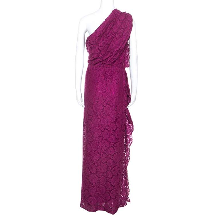 Pre Owned CH Carolina Herrera Magenta Lace Draped Detail One Shoulder Dress M