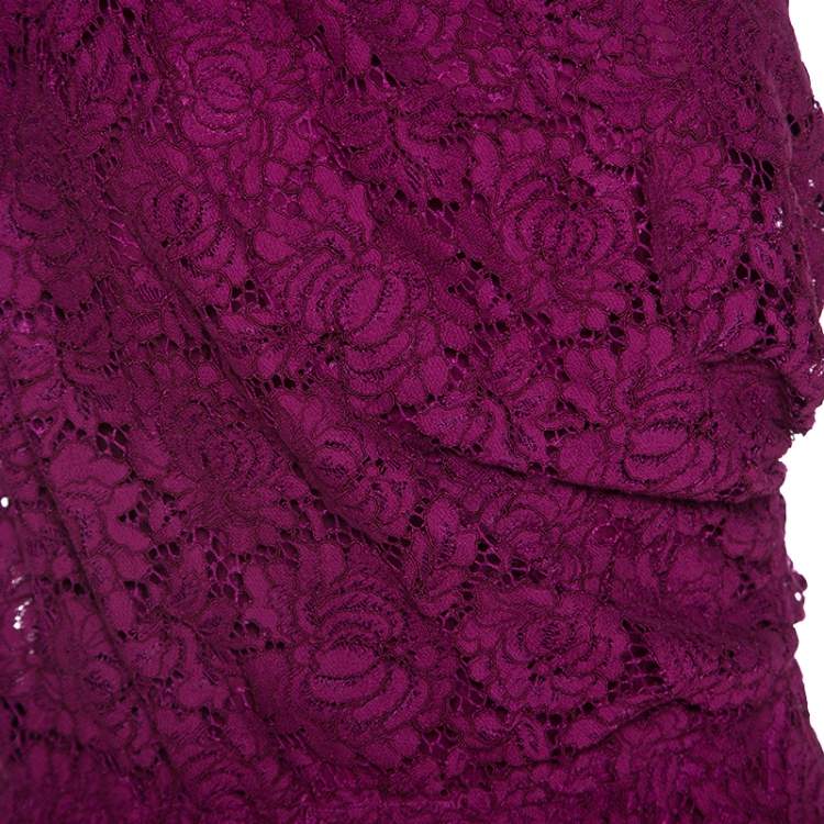 Pre Owned CH Carolina Herrera Magenta Lace Draped Detail One Shoulder Dress M