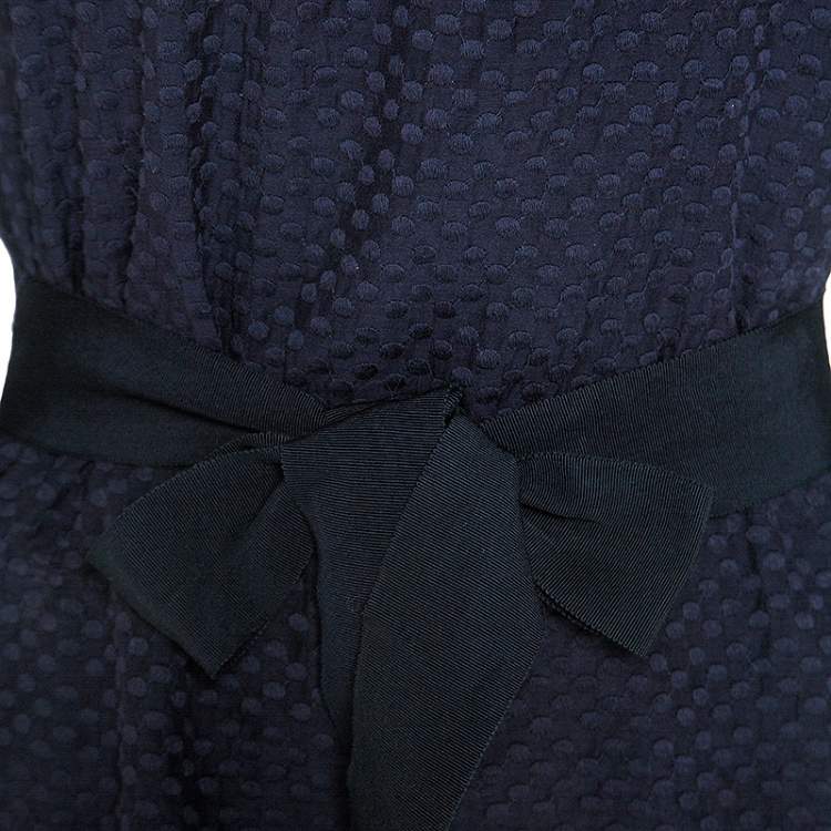Pre Owned CH Carolina Herrera Navy Blue Cotton Embroidered Belted Top S