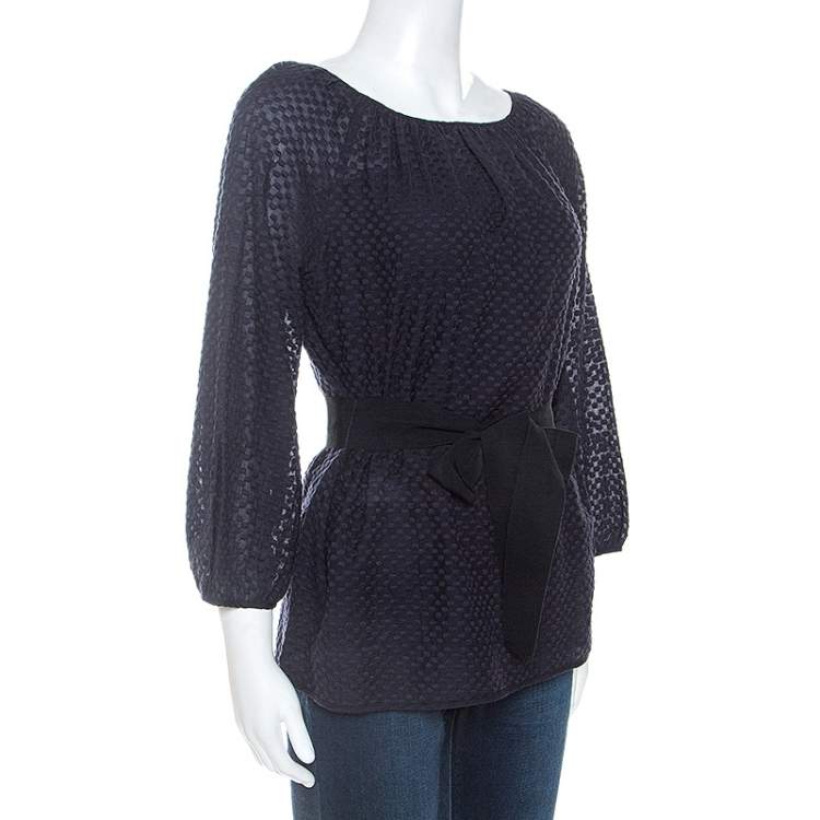 Pre Owned CH Carolina Herrera Navy Blue Cotton Embroidered Belted Top S