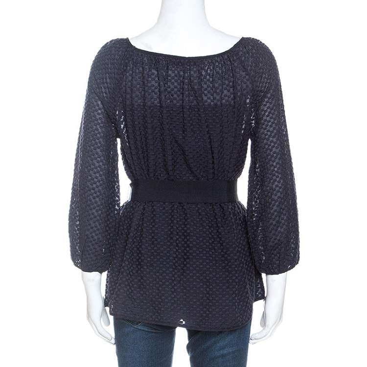 Pre Owned CH Carolina Herrera Navy Blue Cotton Embroidered Belted Top S