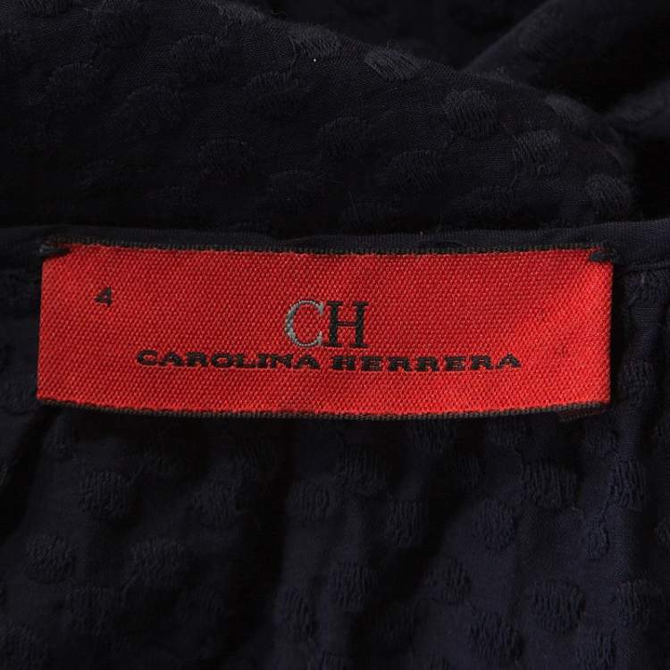 Pre Owned CH Carolina Herrera Navy Blue Cotton Embroidered Belted Top S