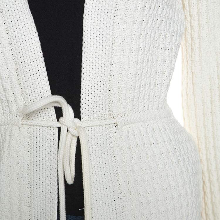 Pre Owned CH Carolina Herrera White Cable Knit Cotton Drawstring Waist Cardigan XS