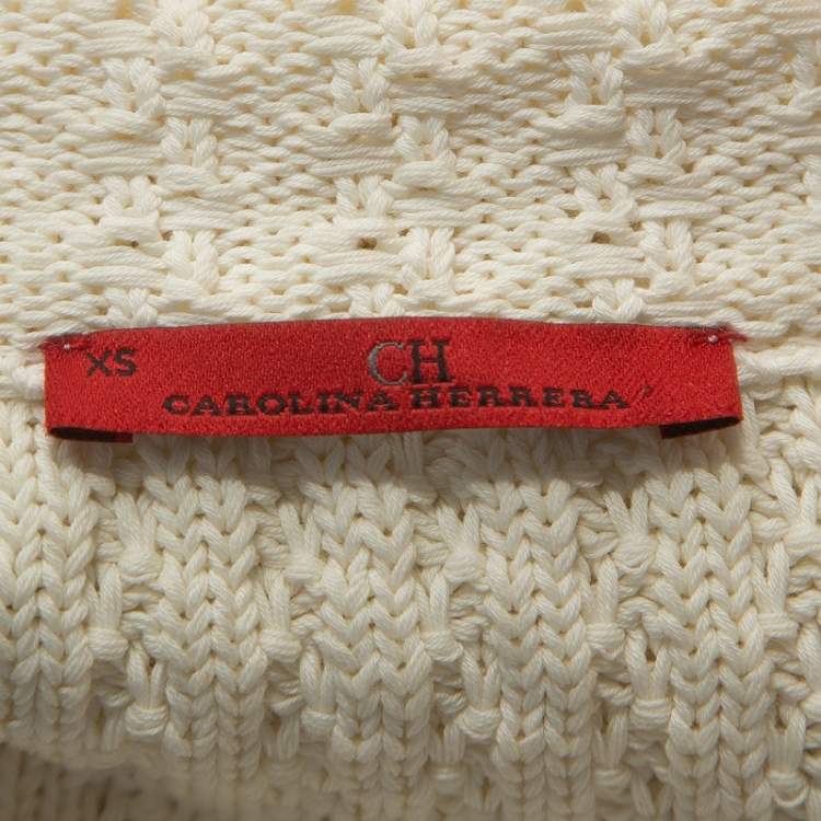 Pre Owned CH Carolina Herrera White Cable Knit Cotton Drawstring Waist Cardigan XS