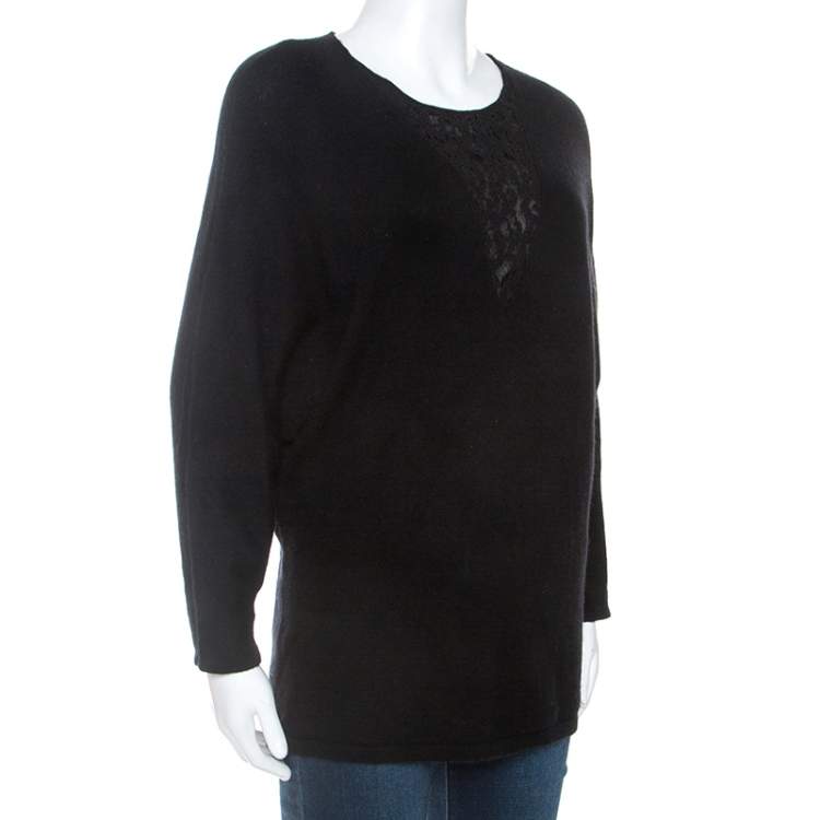 Pre Owned Carolina Herrera Black Cashmere Blend Lace Insert Sweater S