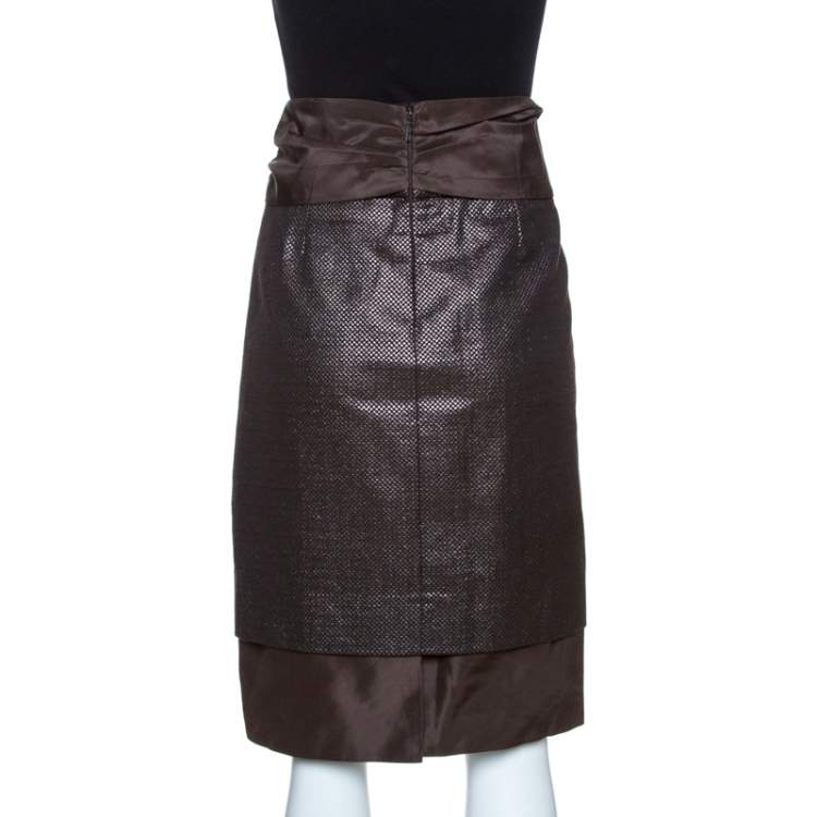 Pre Owned CH Carolina Herrera Brown Lurex Jacquard Silk Bow Detail Skirt L