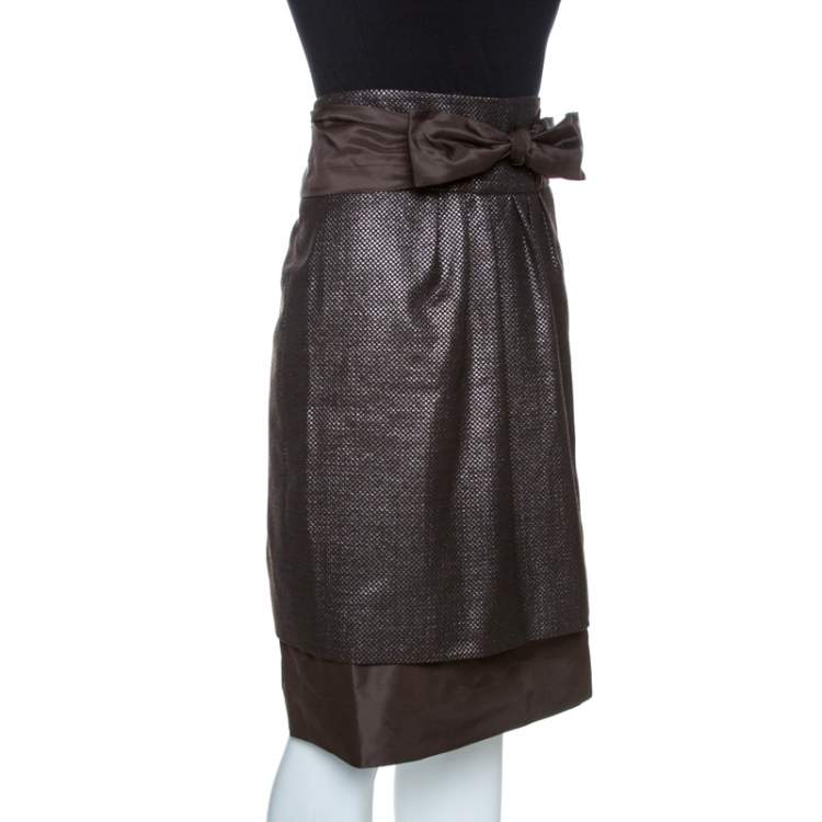 Pre Owned CH Carolina Herrera Brown Lurex Jacquard Silk Bow Detail Skirt L
