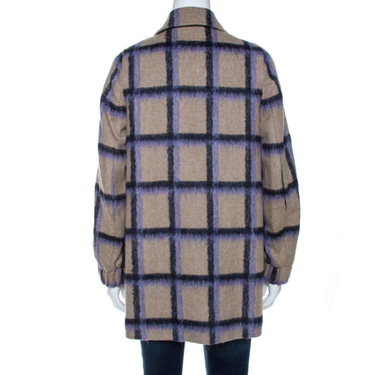 Pre Owned CH Carolina Herrera Beige Alpaca Trim Windowpane Check Coat XS