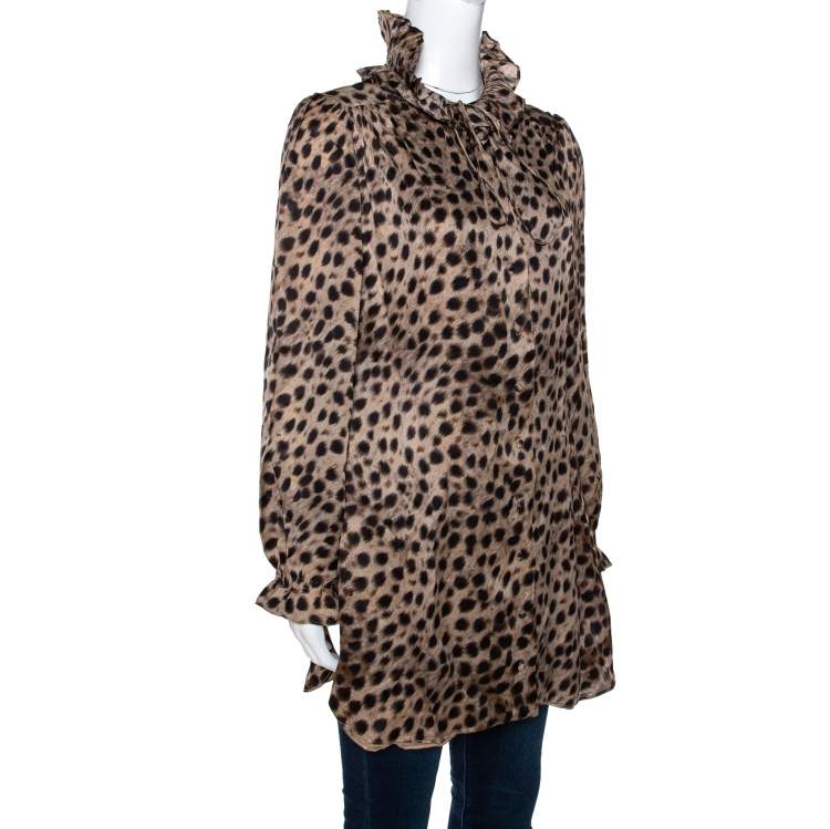 Pre Owned CH Carolina Herrera Beige Leopard Printed Silk Ruffle Detail Blouse L