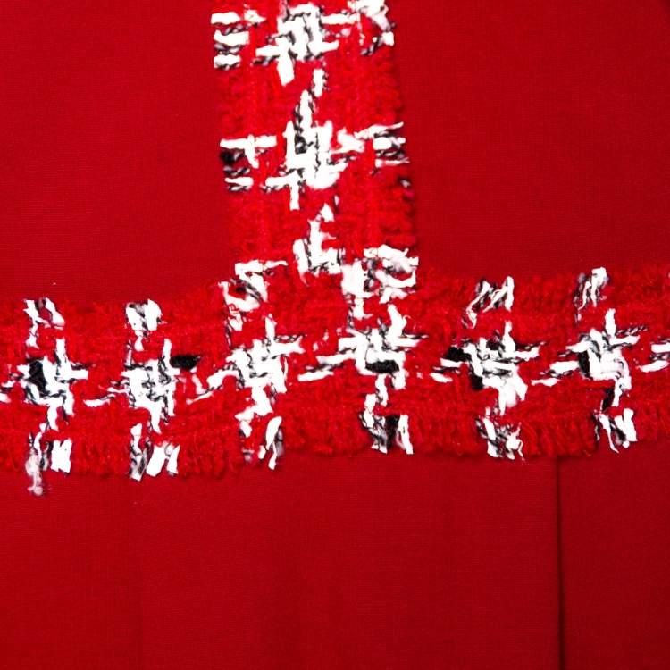 Pre Owned CH Carolina Herrera Red Stretch Knit Boucle Trim Midi Dress M