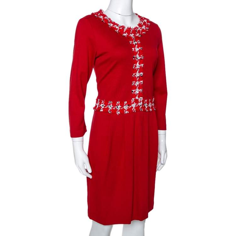 Pre Owned CH Carolina Herrera Red Stretch Knit Boucle Trim Midi Dress M