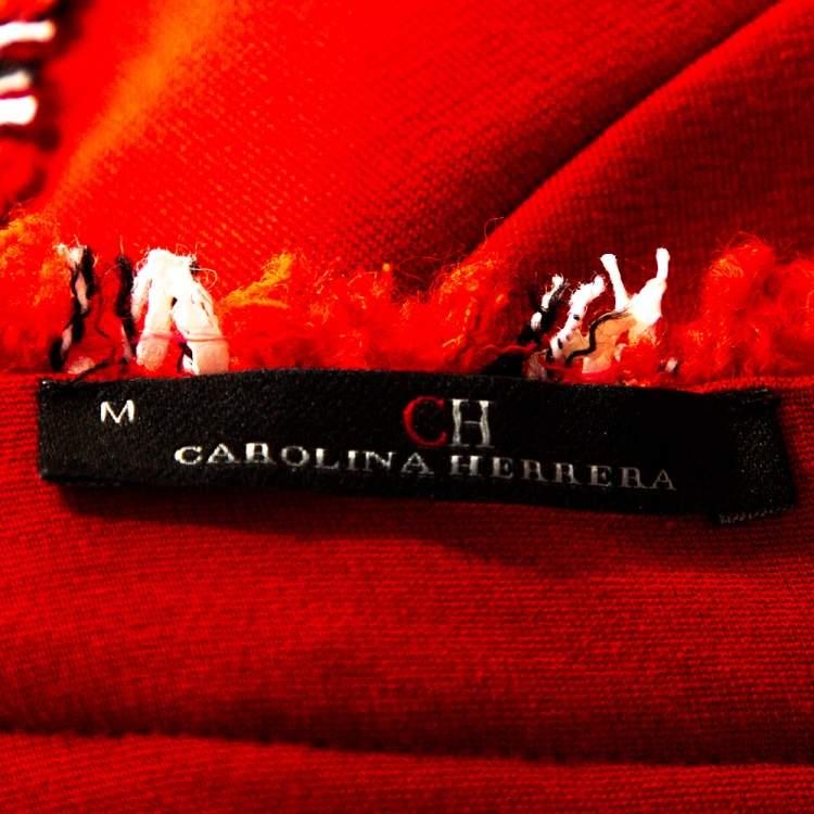 Pre Owned CH Carolina Herrera Red Stretch Knit Boucle Trim Midi Dress M
