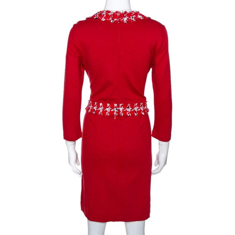 Pre Owned CH Carolina Herrera Red Stretch Knit Boucle Trim Midi Dress M