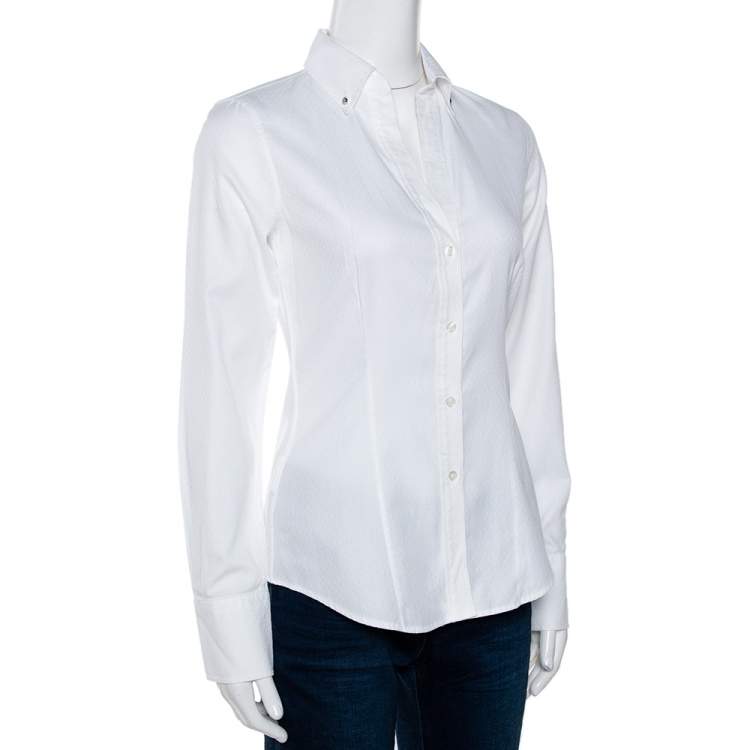 Pre Owned CH Carolina Herrera White Cotton Jacquard Logo Pattern Button Front Shirt S