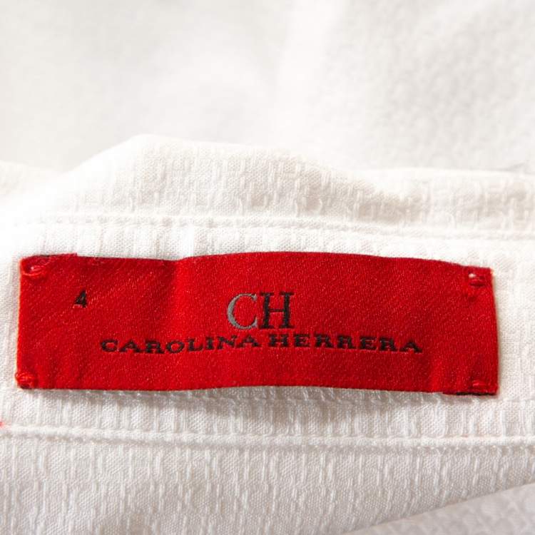 Pre Owned CH Carolina Herrera White Cotton Jacquard Logo Pattern Button Front Shirt S